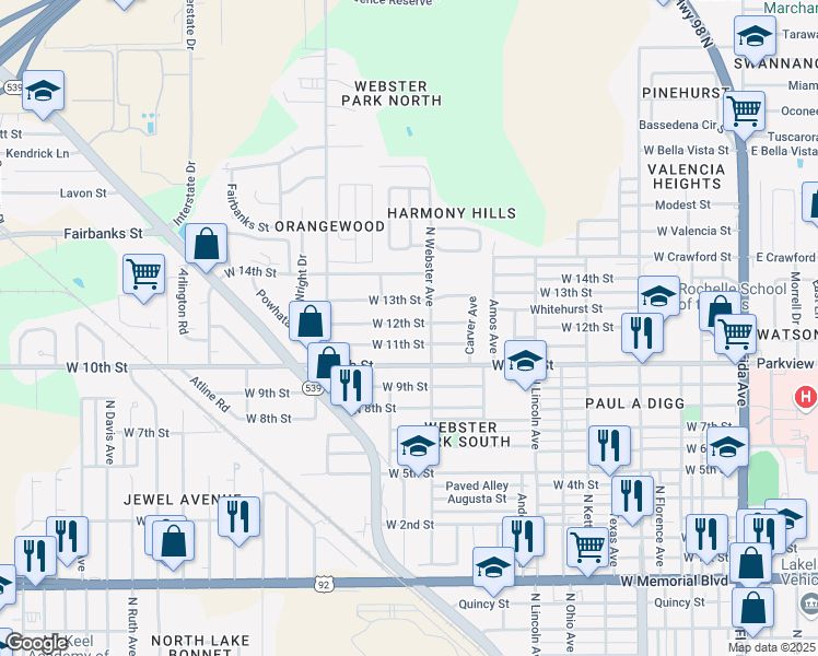 map of restaurants, bars, coffee shops, grocery stores, and more near 1022 West 12th Street in Lakeland