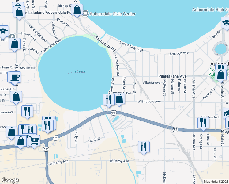 map of restaurants, bars, coffee shops, grocery stores, and more near 734a Virginia Avenue in Auburndale