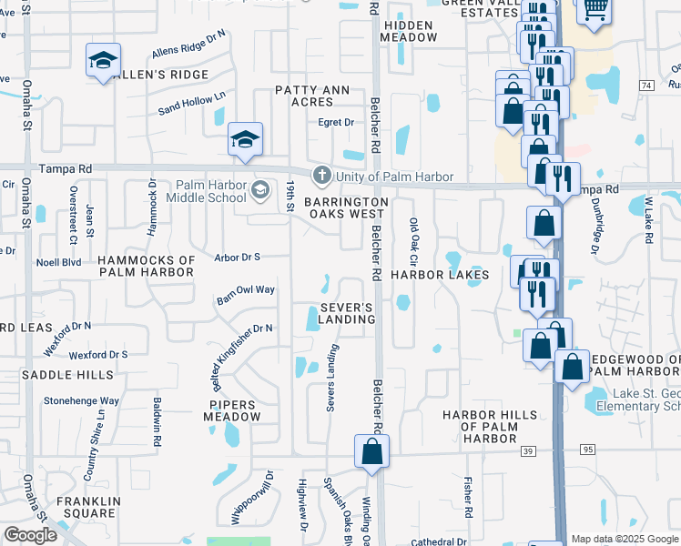 map of restaurants, bars, coffee shops, grocery stores, and more near 2039 Swan Lane in Palm Harbor