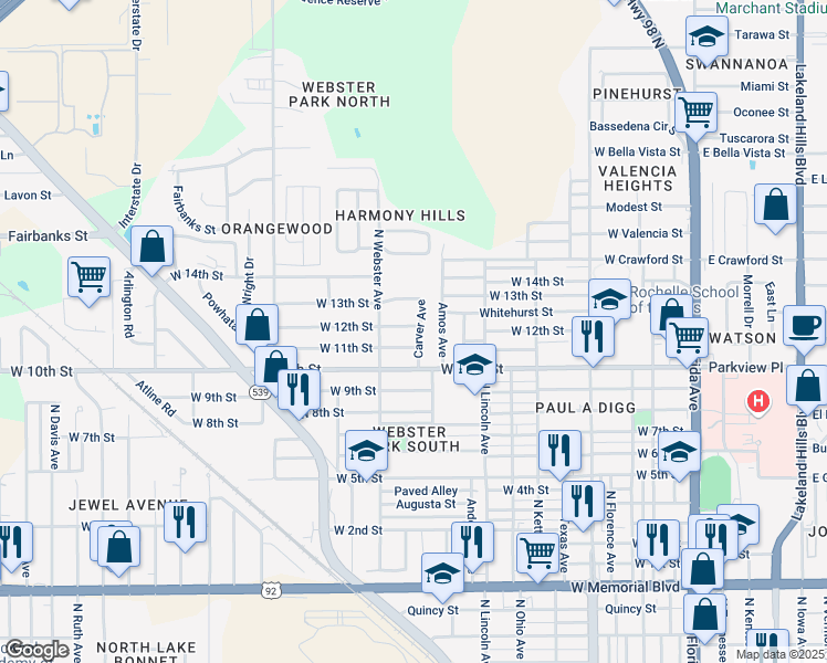map of restaurants, bars, coffee shops, grocery stores, and more near 1436 Carver Avenue in Lakeland