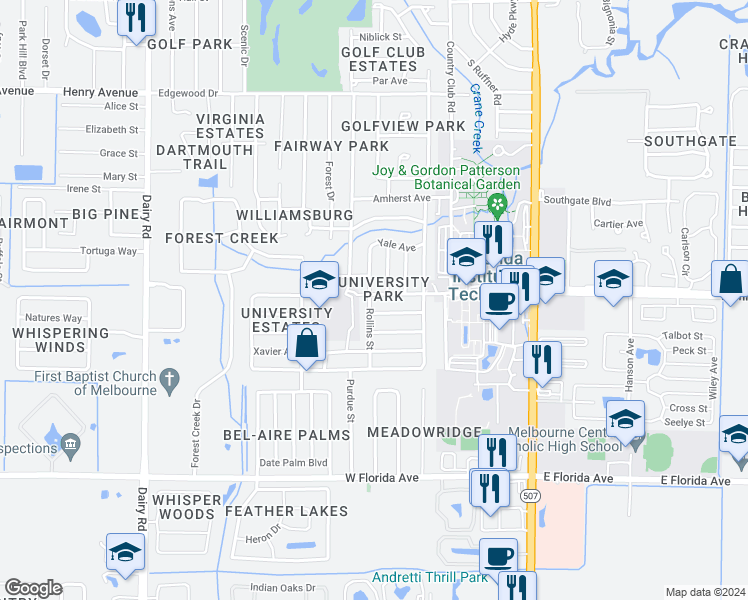 map of restaurants, bars, coffee shops, grocery stores, and more near 319 West University Boulevard in Melbourne