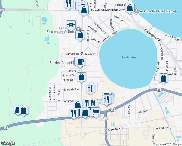 map of restaurants, bars, coffee shops, grocery stores, and more near 2223 Drexel Boulevard in Auburndale