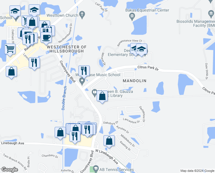 map of restaurants, bars, coffee shops, grocery stores, and more near 11051 Windsor Place Circle in Tampa