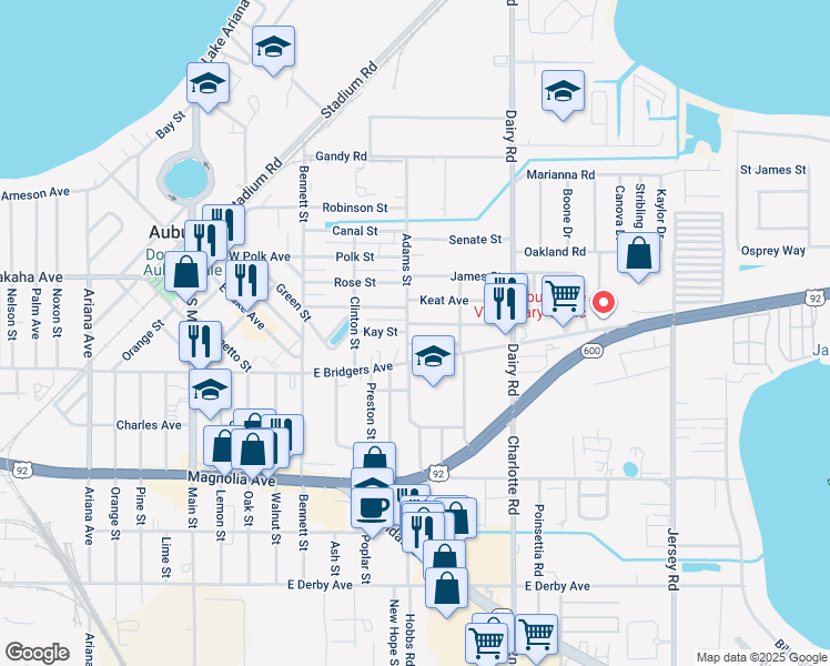 map of restaurants, bars, coffee shops, grocery stores, and more near 303 Camellia Lane in Auburndale