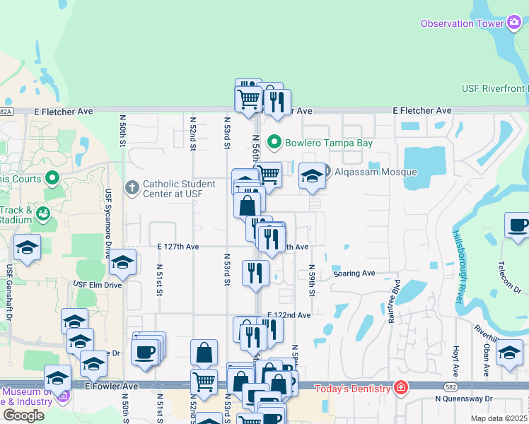 map of restaurants, bars, coffee shops, grocery stores, and more near in Temple Terrace