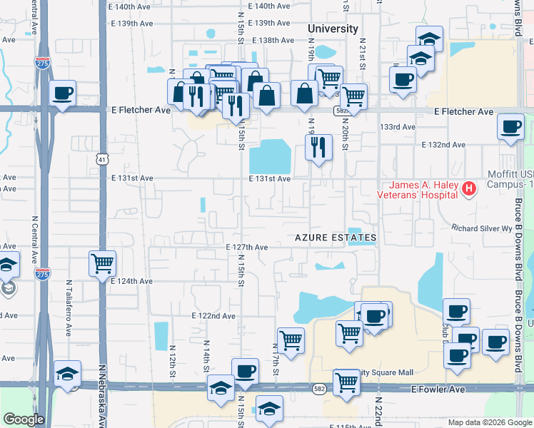 map of restaurants, bars, coffee shops, grocery stores, and more near 1726-1760 University Woods Place in Tampa