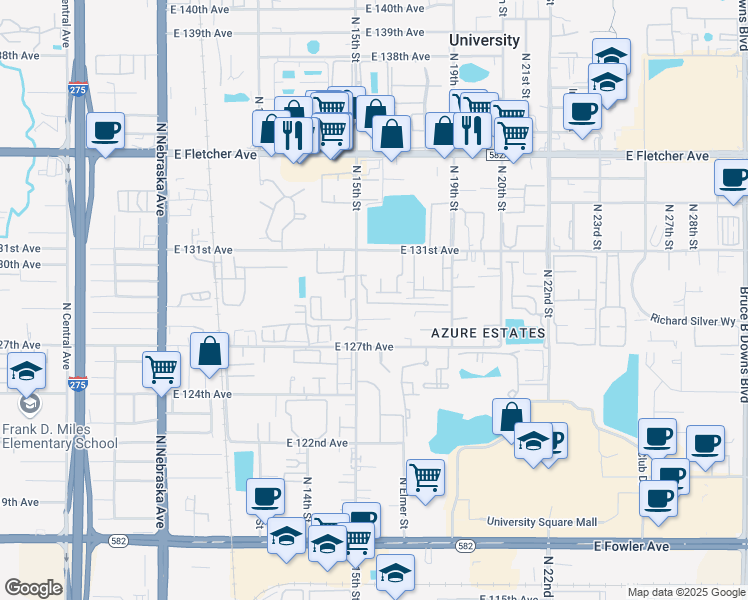 map of restaurants, bars, coffee shops, grocery stores, and more near 1609 University Woods Place in Tampa