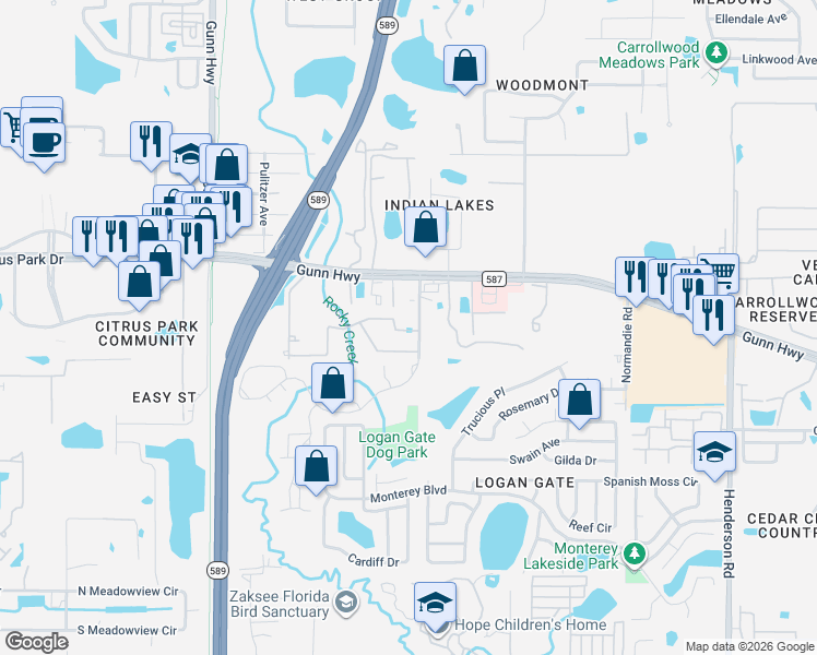 map of restaurants, bars, coffee shops, grocery stores, and more near 6630 Citrus Creek Lane in Tampa