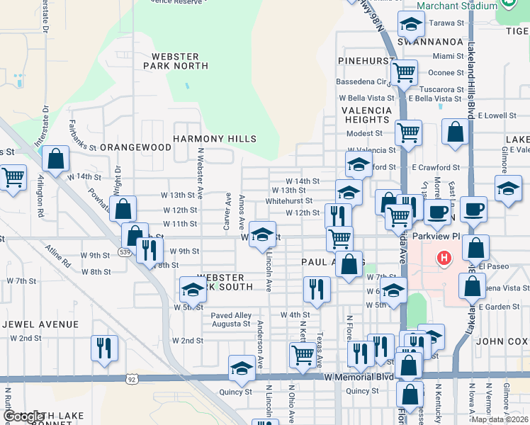 map of restaurants, bars, coffee shops, grocery stores, and more near 1429 Lotela Avenue in Lakeland