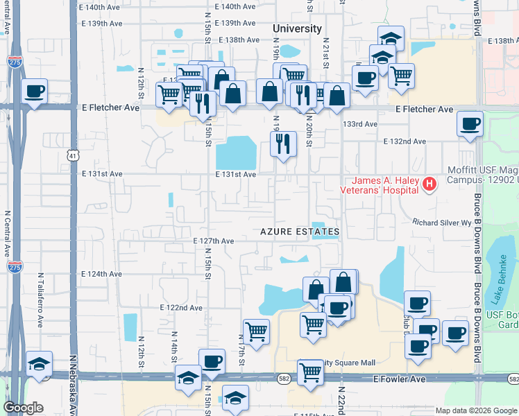 map of restaurants, bars, coffee shops, grocery stores, and more near 1760 University Woods Place in Tampa