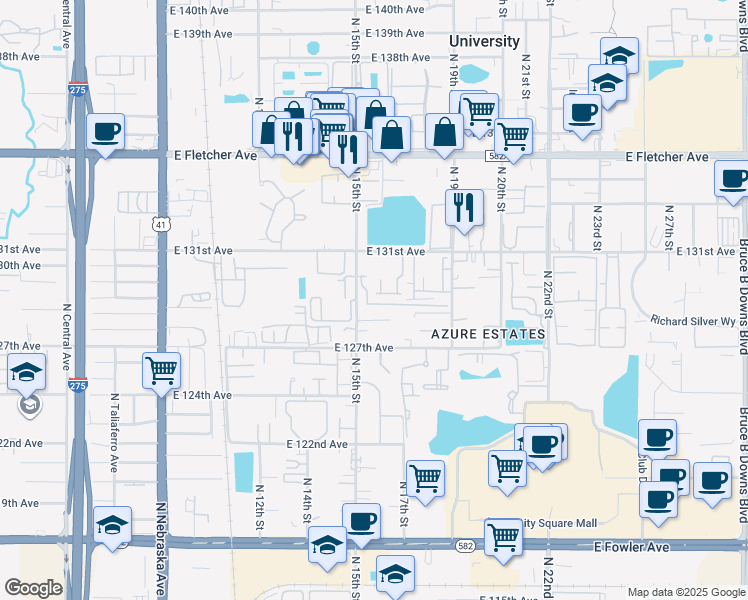 map of restaurants, bars, coffee shops, grocery stores, and more near 1609 University Woods Place in Tampa
