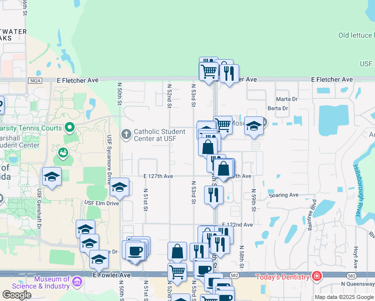map of restaurants, bars, coffee shops, grocery stores, and more near 12902 North 53rd Street in Tampa