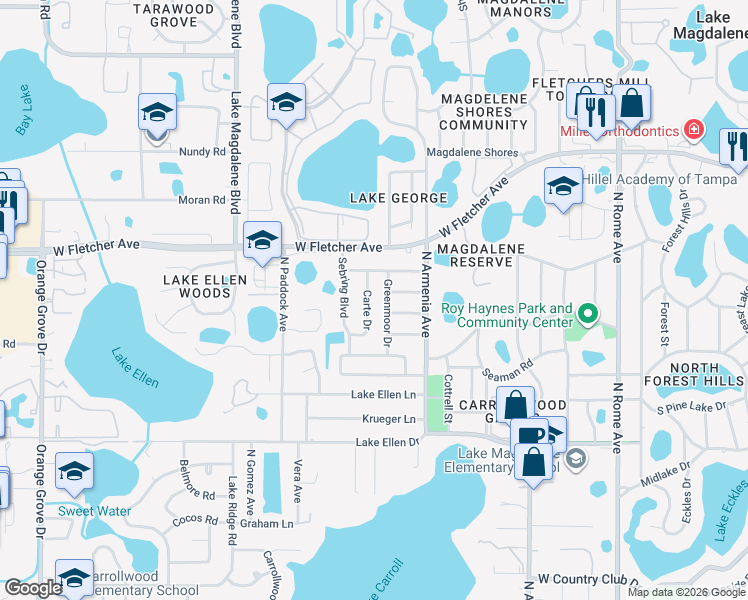 map of restaurants, bars, coffee shops, grocery stores, and more near 12721 Carte Drive in Tampa