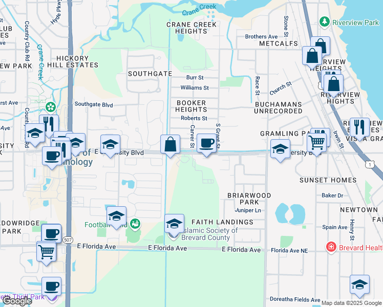 map of restaurants, bars, coffee shops, grocery stores, and more near 709 East University Boulevard in Melbourne