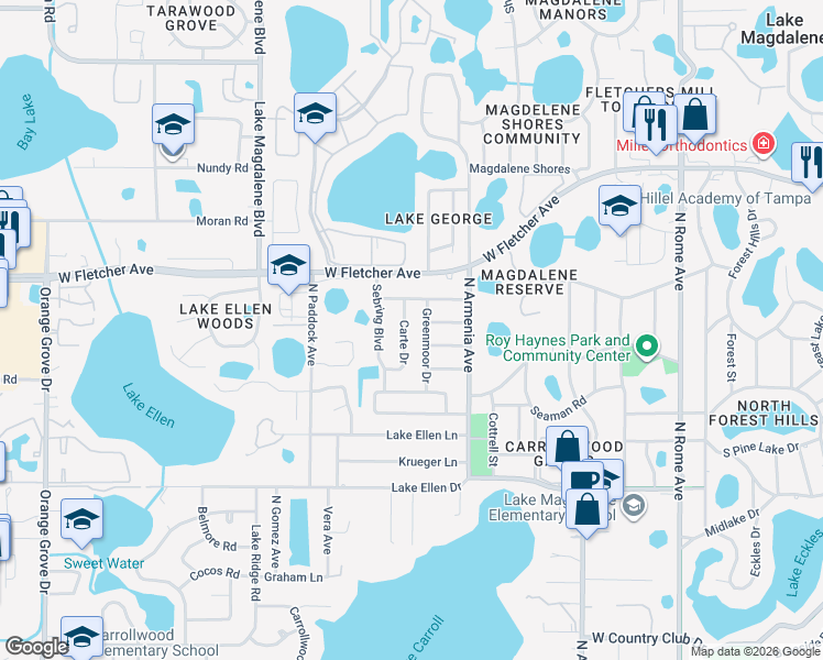 map of restaurants, bars, coffee shops, grocery stores, and more near 12721 Carte Drive in Tampa