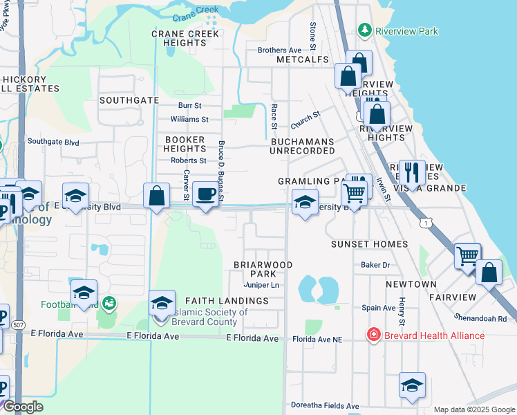 map of restaurants, bars, coffee shops, grocery stores, and more near 3023 Briarwood Boulevard in Melbourne