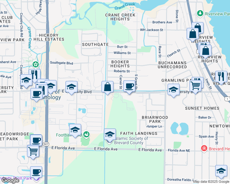 map of restaurants, bars, coffee shops, grocery stores, and more near 665 East University Boulevard in Melbourne