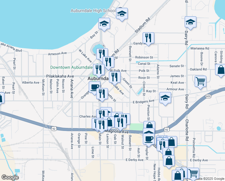 map of restaurants, bars, coffee shops, grocery stores, and more near 209 Palmetto Street in Auburndale