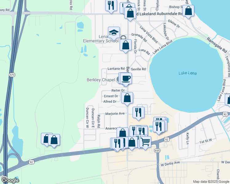 map of restaurants, bars, coffee shops, grocery stores, and more near 3011 Ernest Drive in Auburndale