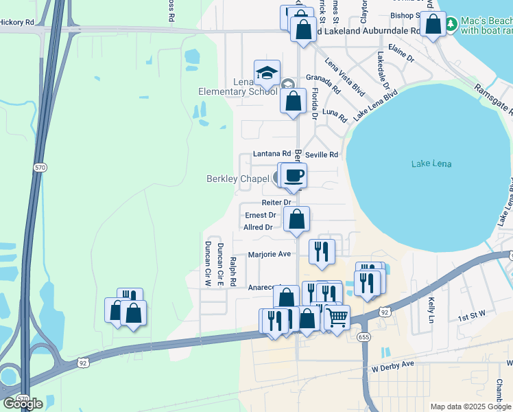 map of restaurants, bars, coffee shops, grocery stores, and more near 3021 Ernest Drive in Auburndale