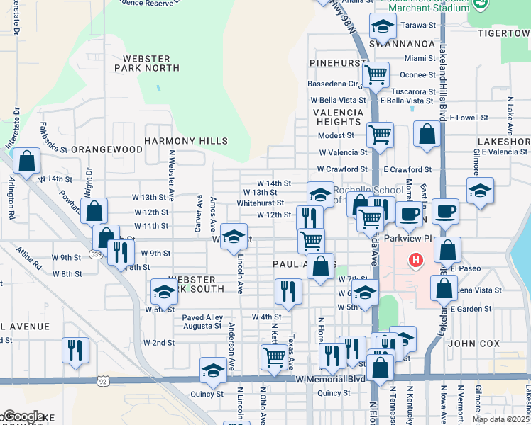 map of restaurants, bars, coffee shops, grocery stores, and more near 648 West 12th Street in Lakeland