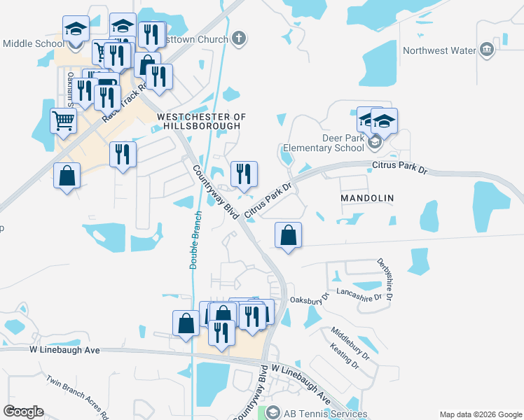 map of restaurants, bars, coffee shops, grocery stores, and more near 11135 Windsor Place Circle in Tampa