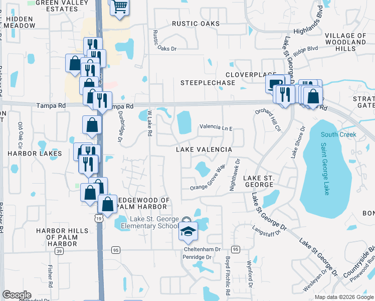 map of restaurants, bars, coffee shops, grocery stores, and more near 2853 Lake Valencia Boulevard West in Palm Harbor