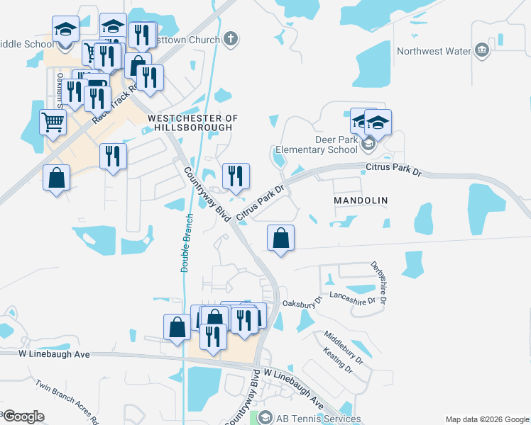 map of restaurants, bars, coffee shops, grocery stores, and more near 11135 Windsor Place Circle in Tampa