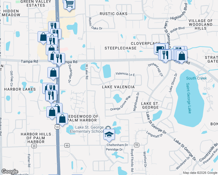 map of restaurants, bars, coffee shops, grocery stores, and more near 2853 Lake Valencia Boulevard West in Palm Harbor
