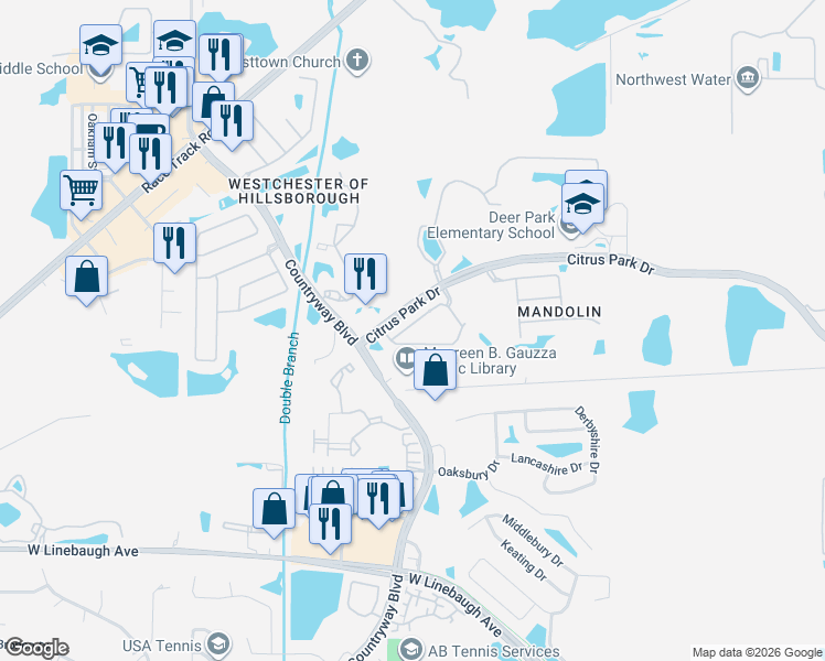 map of restaurants, bars, coffee shops, grocery stores, and more near 11221 Windsor Place Circle in Tampa