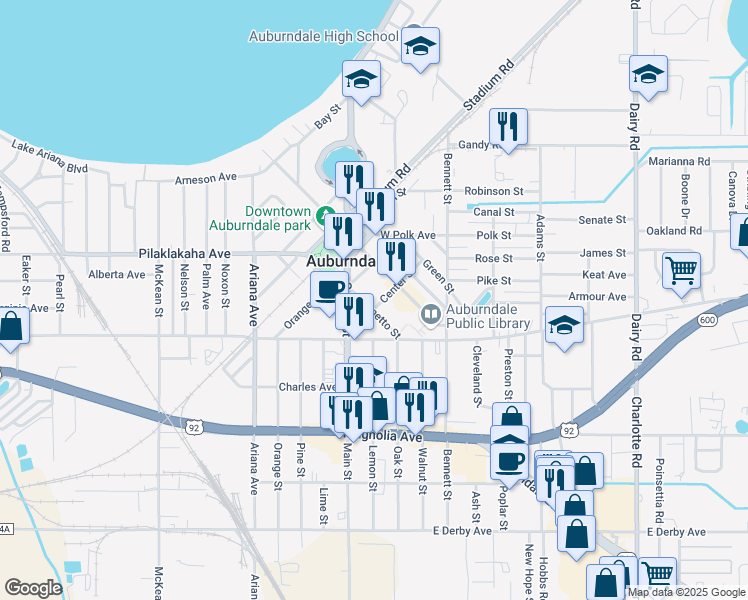 map of restaurants, bars, coffee shops, grocery stores, and more near 209 Palmetto Street in Auburndale