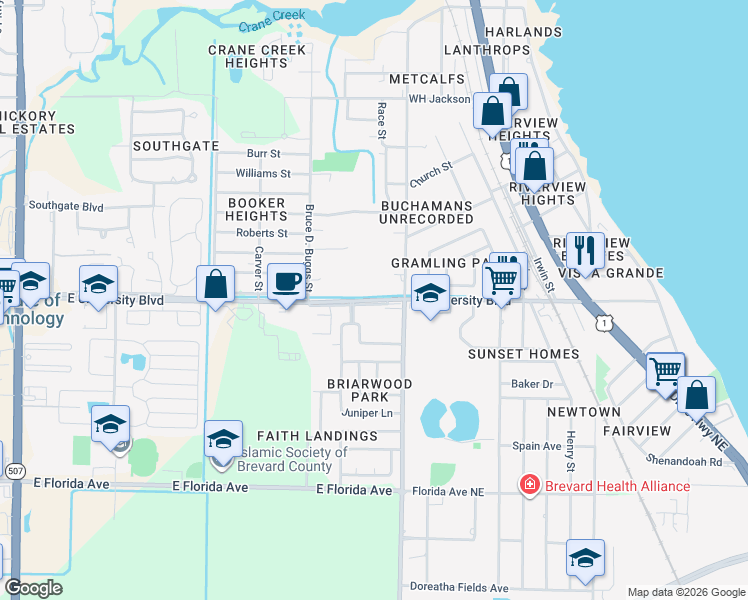 map of restaurants, bars, coffee shops, grocery stores, and more near 955 East University Boulevard in Melbourne