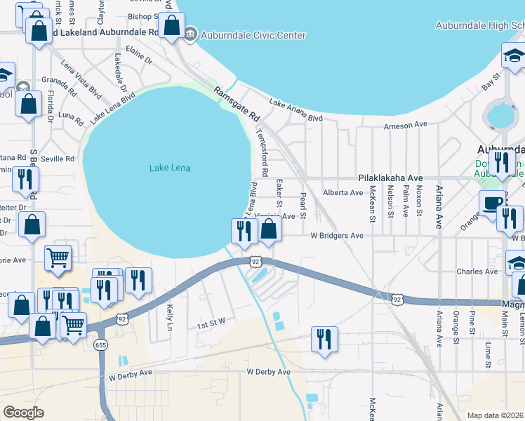 map of restaurants, bars, coffee shops, grocery stores, and more near 734a Virginia Avenue in Auburndale