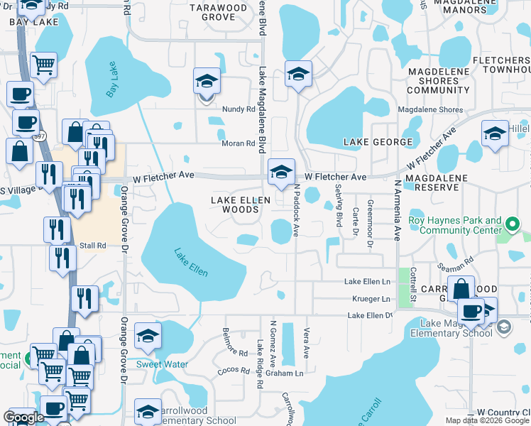 map of restaurants, bars, coffee shops, grocery stores, and more near 13114 Tifton Drive in Tampa