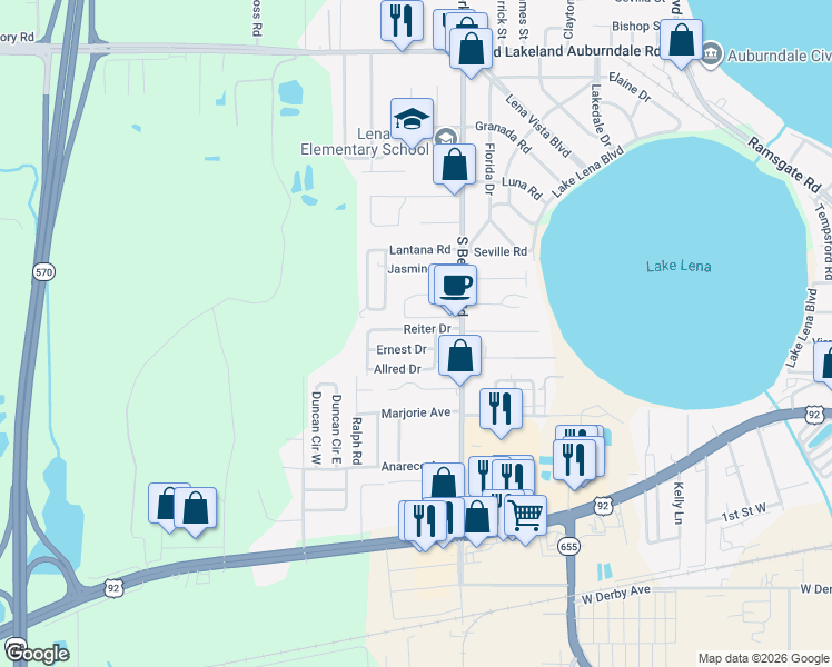 map of restaurants, bars, coffee shops, grocery stores, and more near 3011 Ernest Drive in Auburndale