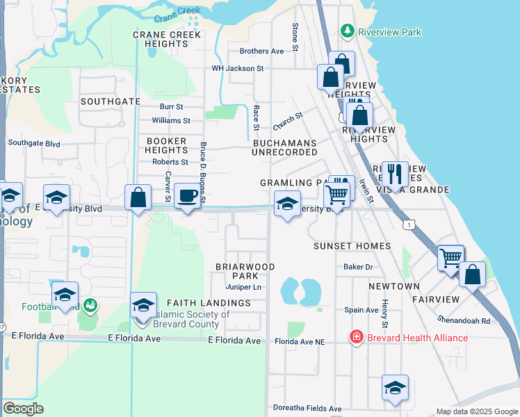 map of restaurants, bars, coffee shops, grocery stores, and more near 835 East University Boulevard in Melbourne