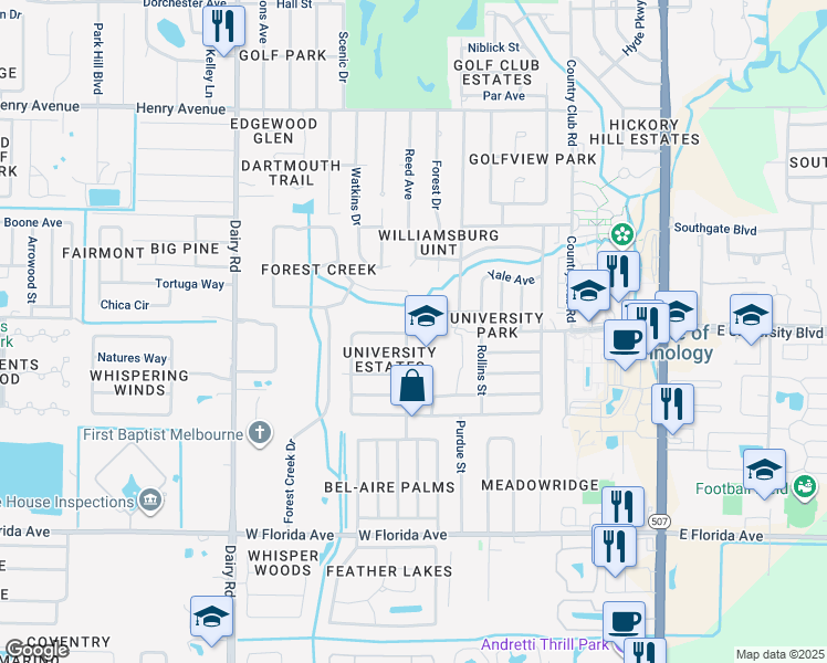 map of restaurants, bars, coffee shops, grocery stores, and more near 3115 Marshall Drive in Melbourne