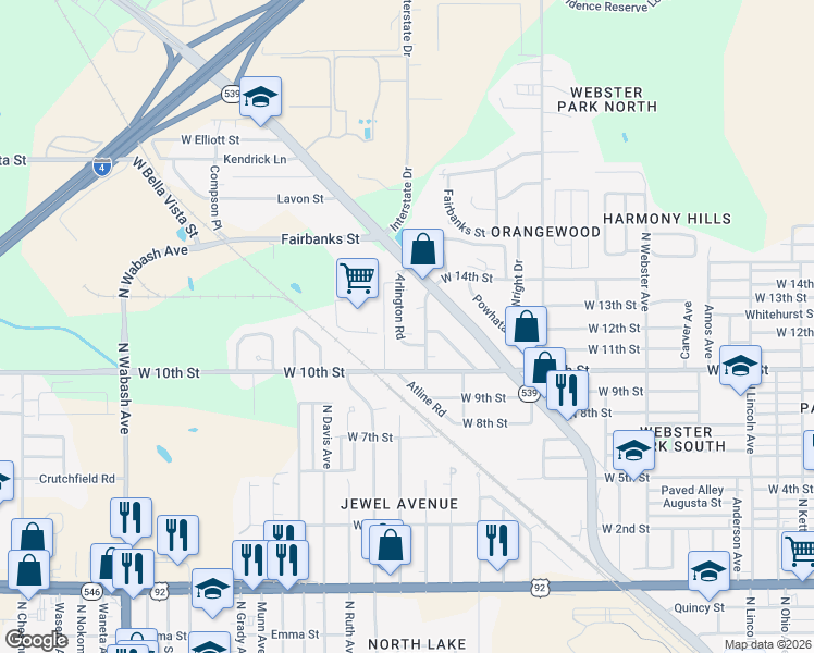 map of restaurants, bars, coffee shops, grocery stores, and more near 1424 Arlington Road in Lakeland