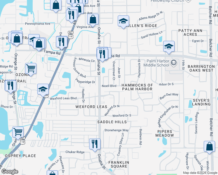 map of restaurants, bars, coffee shops, grocery stores, and more near 1368 Noell Boulevard in Palm Harbor