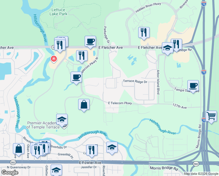 map of restaurants, bars, coffee shops, grocery stores, and more near 12934 Sanctuary Cove Drive in Temple Terrace