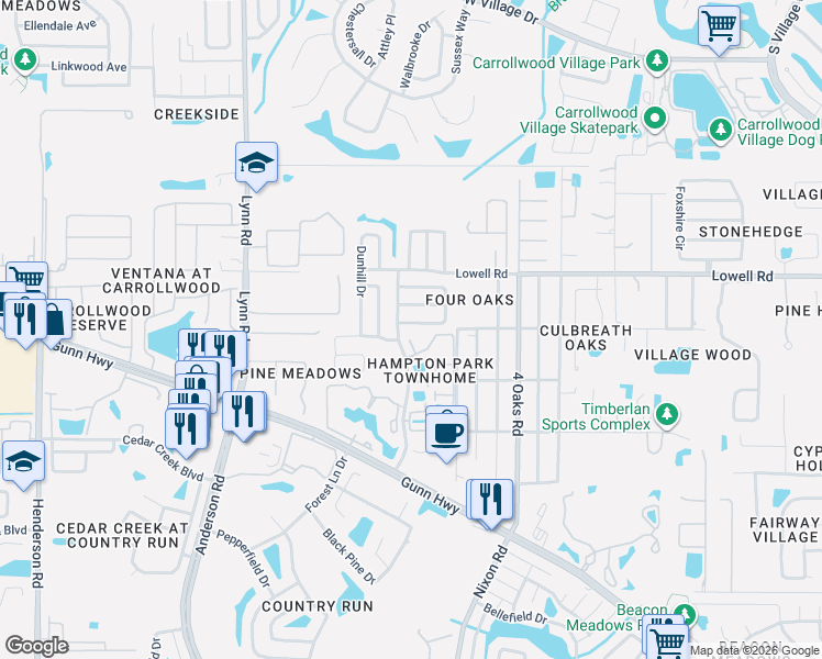 map of restaurants, bars, coffee shops, grocery stores, and more near 12659 Castle Hill Drive in Tampa