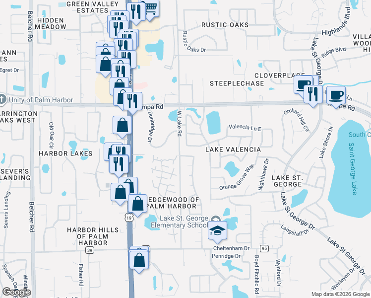 map of restaurants, bars, coffee shops, grocery stores, and more near 2725 Bonnie Boulevard in Palm Harbor