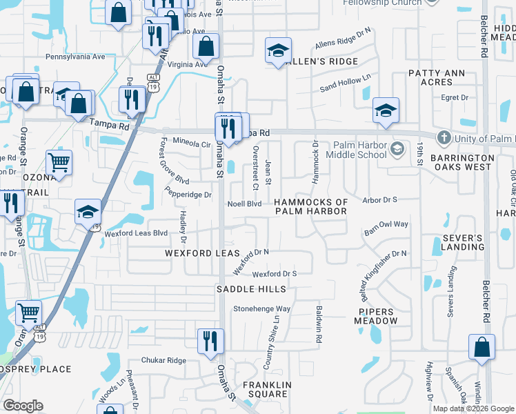 map of restaurants, bars, coffee shops, grocery stores, and more near 1359 Tenby Way in Palm Harbor