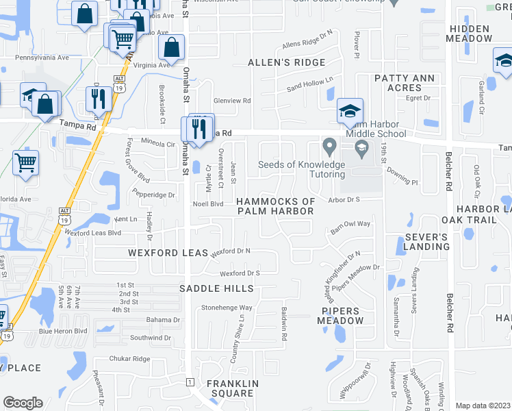 map of restaurants, bars, coffee shops, grocery stores, and more near 385 Westford Circle in Palm Harbor