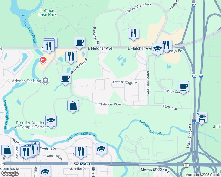 map of restaurants, bars, coffee shops, grocery stores, and more near 7924 Terrace Ridge Drive in Temple Terrace