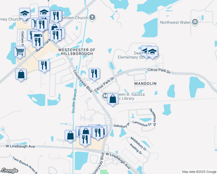 map of restaurants, bars, coffee shops, grocery stores, and more near 11233 Windsor Place Circle in Tampa