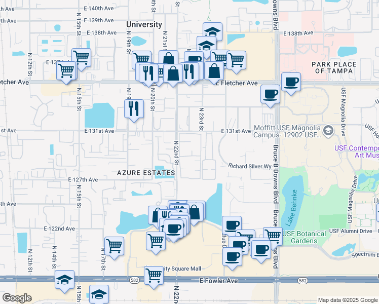 map of restaurants, bars, coffee shops, grocery stores, and more near 12702 University Club Drive in Tampa