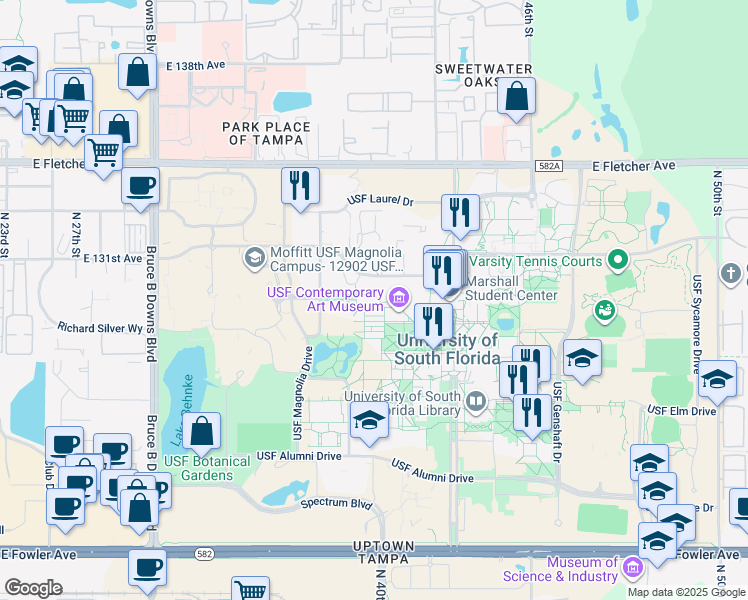 map of restaurants, bars, coffee shops, grocery stores, and more near 3801 USF Holly Drive in Tampa