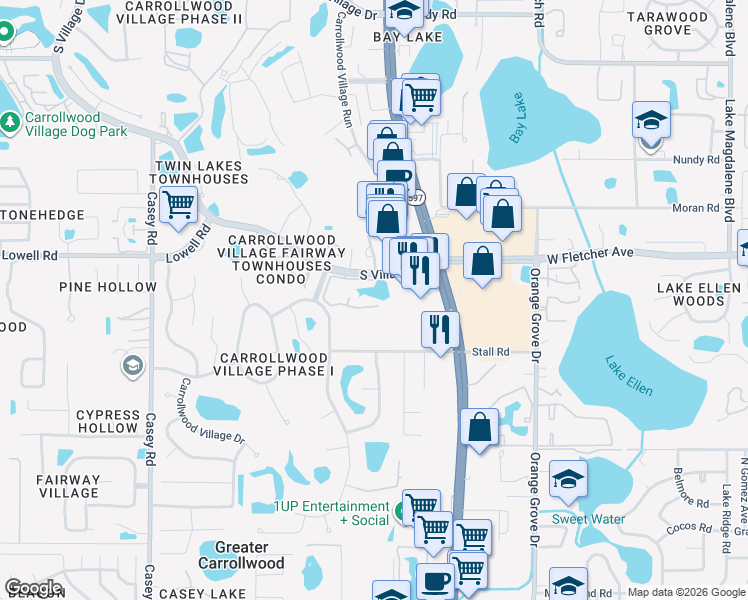 map of restaurants, bars, coffee shops, grocery stores, and more near 4164 Pinelake Lane in Tampa
