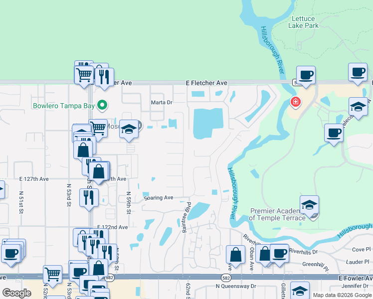 map of restaurants, bars, coffee shops, grocery stores, and more near 12803 Rain Forest Street in Tampa